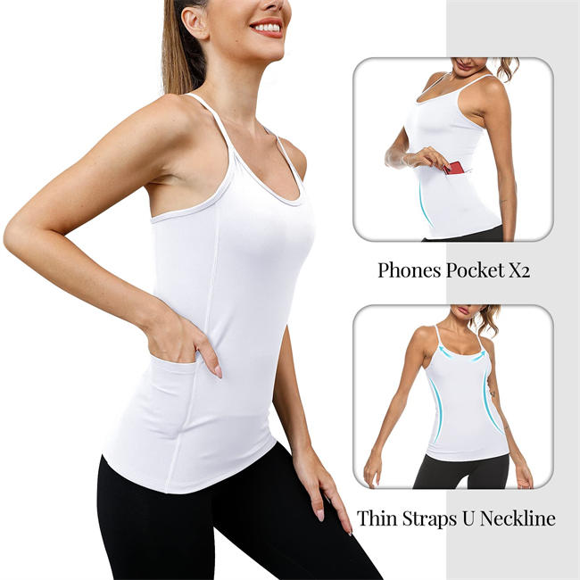 Athletic Workout Tank Tops for Women Built in Shelf Bra - Padded Camisoles Mesh Dry Fit Yoga Tops with Pockets